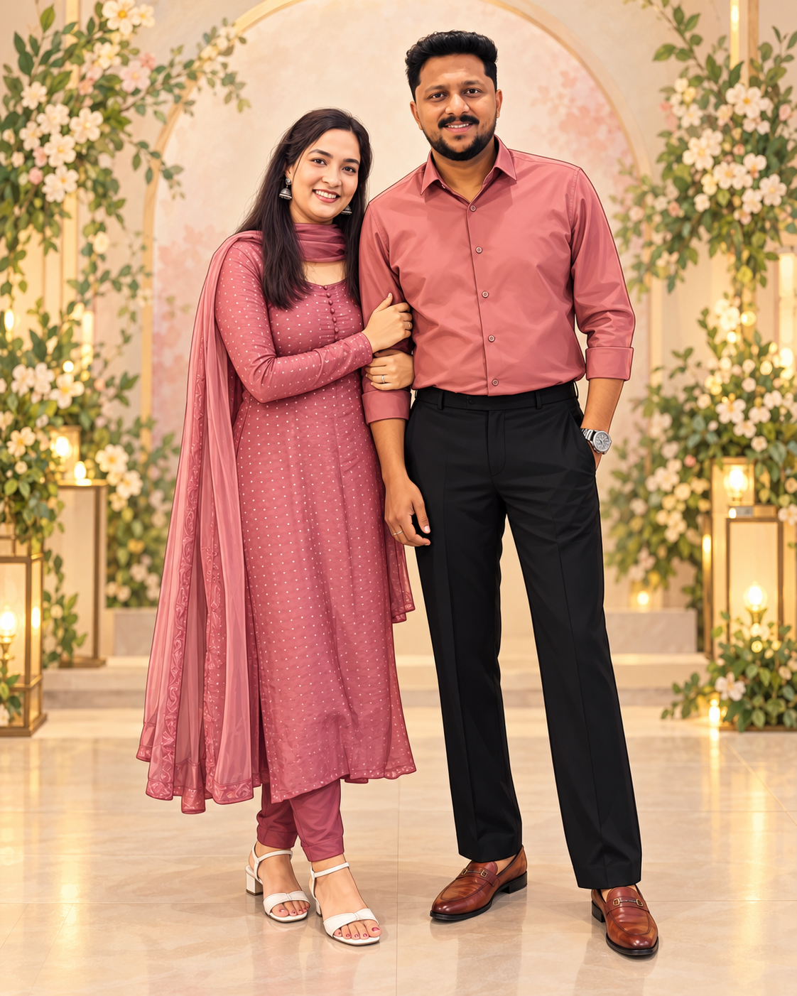 Romantic illustrated portrait of Shone and Juna together